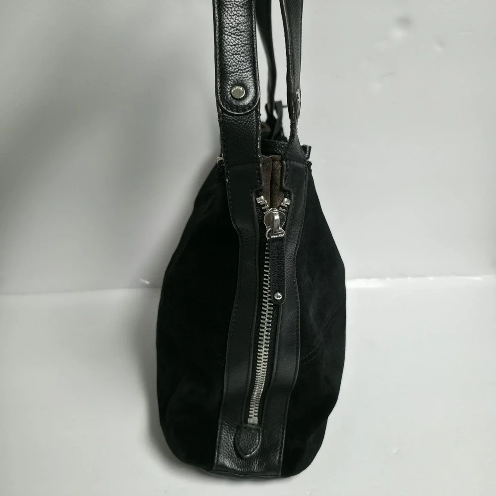 Tignanello Black Suede Leather Shoulder Bag Hobo Purse Panel Stitch Zip Top
